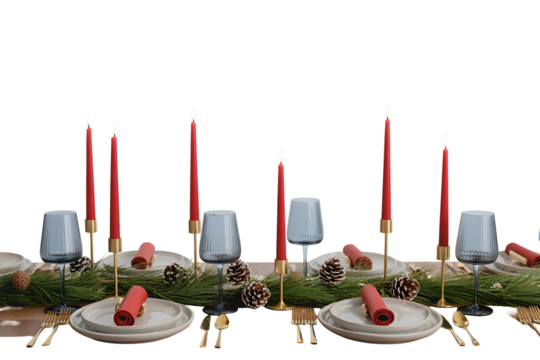Elegant christmas table setting with red candles and greenery isolated on transparent background