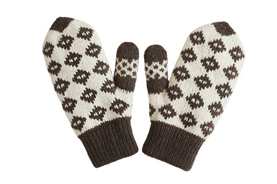 Pair of hand knitted wool mittens with diamond pattern isolated on transparent background - Powered by Adobe