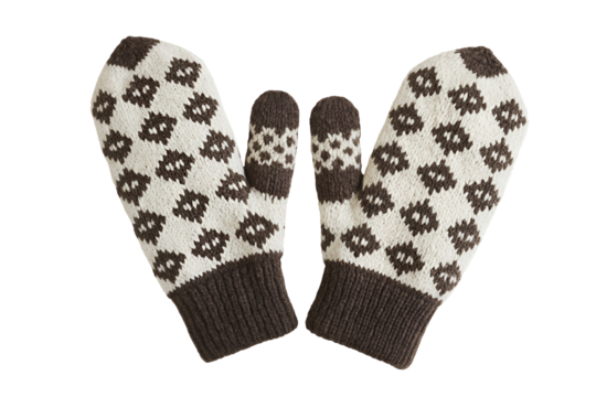 Pair of hand knitted wool mittens with diamond pattern isolated on transparent background