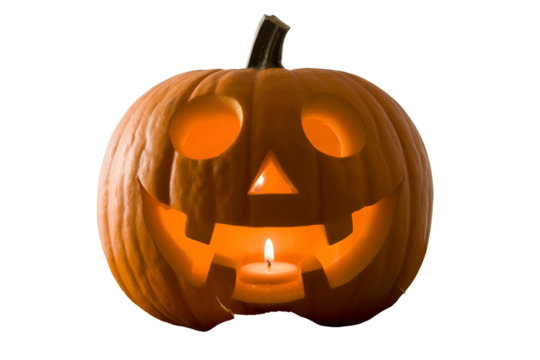 Carved halloween pumpkin with candle light isolated on transparent background