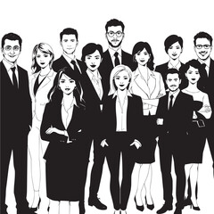 Professional diverse business team standing together confidently in modern office attire, ready to achieve success and drive innovation forward.