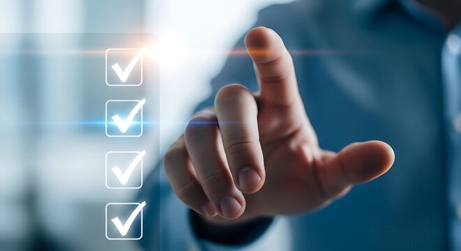 Hand touching digital screen with check mark boxes for task management