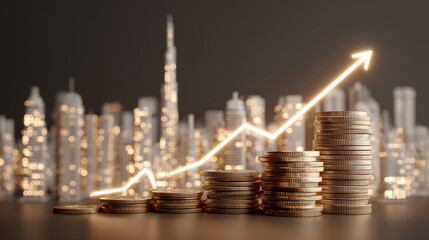 Financial Growth Visualization: Golden Coin Stacks with Glowing Uptrend Line against City Skyline, Wealth Accumulation Concept