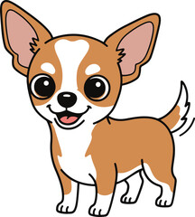A cheerful, stylized cartoon of a brown and white Chihuahua with big eyes, standing, panting slightly, and wagging its tail.