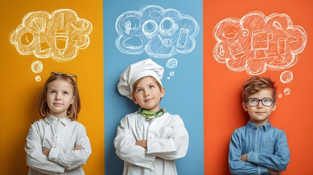 Children dreaming of their future professions on colorful backgrounds. Concept: Inspiration, childhood aspirations, and career imagination.
