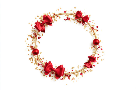 Elegant christmas wreath with red bows and golden confetti isolated on white background