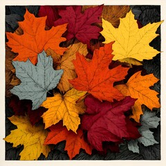 Fototapeta premium Beautiful colorful maple leaves in shades of orange, yellow, red, and gray displayed in an artistic arrangement on a dark background.