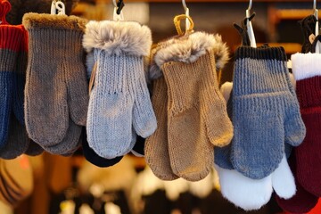 Colorful Knitted Mittens with Fur Cuffs Hanging for Sale