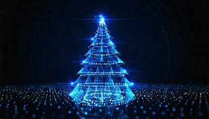Conceptual representation of a Christmas tree with glowing blue lights and digital particles in a modern technological environment