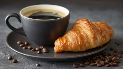 Dark roasted coffee and golden baked pastry served on a ceramic dish accompany scattered beans