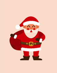 Santa Claus is a symbol of Christmas and New Year, a cheerful Santa in a red suit with a bag of gifts in vector on a beige background, flat illustration