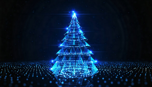 Conceptual representation of a Christmas tree with glowing blue lights and digital particles in a modern technological environment