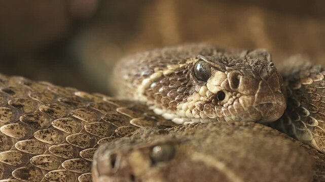 Close-up video of a rattlesnake resting with its textured brown scales and distinctive triangular head. The shot highlights the reptile details, creating an intense and natural wildlife scene. High