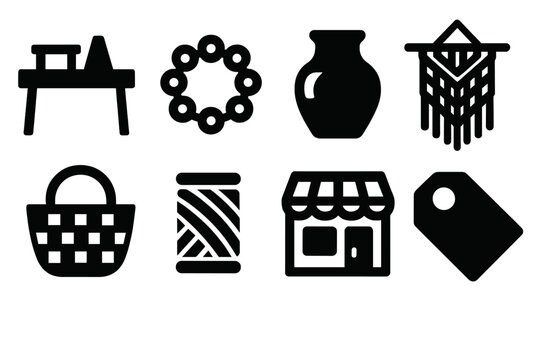 Craft Market Icons. Local Craft Markets silhouette icons set: craft table, beads, clay pot, macramé wall hanging, woven basket, yarn spool, local shop, paper tag.