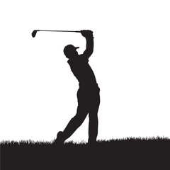 Dynamic silhouette of a golfer mid-swing, capturing the power and focus of the game against a clean white background, perfect for sports and leisure themes.