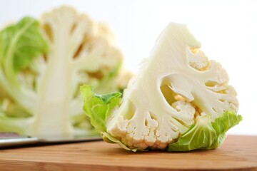 Fresh Cauliflower on Wooden Cutting Board - Healthy Food Preparation
