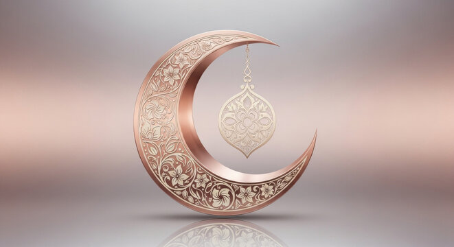 Golden crescent moon with intricate details hangs against soft gradient backdrop, symbolizing ramadan and islamic faith with elegance and serenity.