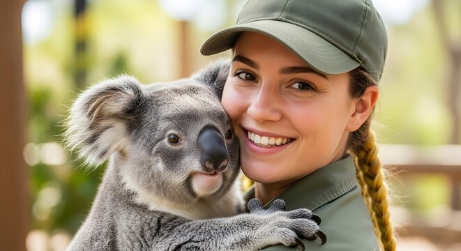 A smiling young woman wearing a green uniform and cap, holding a koala bear in her arms at a wildlife sanctuary or zoo