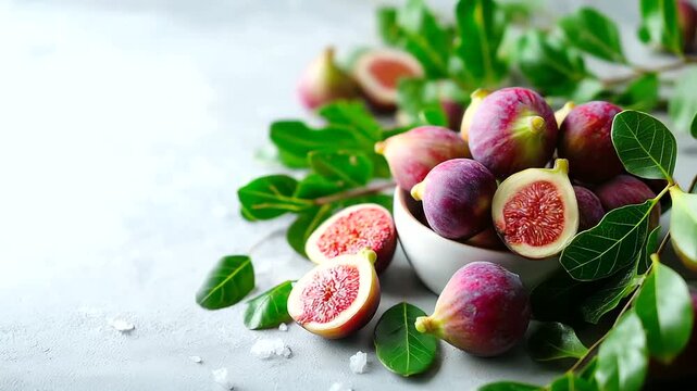 Fresh ripe figs and green leaves on gray textured table, flat lay, space for text, under soft natural light highlighting color and texture, serene culinary scene, calm table lighti