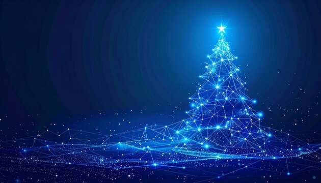 Abstract technology-inspired Christmas tree with a glowing plexus network, interconnected dots, and a shining star on a futuristic blue background