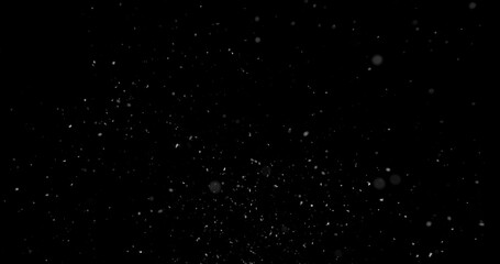 Obraz premium Falling snowflakes isolated on black background. Winter snow overlay texture for VFX, compositing, motion graphics and atmospheric effects