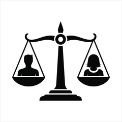 Gender Equality Icon: Man and Woman Silhouettes Balanced on Scales of Justice, Symbolizing Equal Pay and Workplace Rights