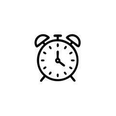 Hand-drawn alarm clock icon with bells and a round dial showing the time on a white background wake up