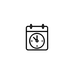 Outline icon of a calendar page with a clock face superimposed on a white background time date