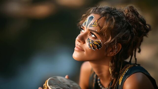 Beautiful shaman woman with face painting and tambourine performing ritual near river outdoors, space for text, under soft natural light highlighting mysticism and motion, serene c