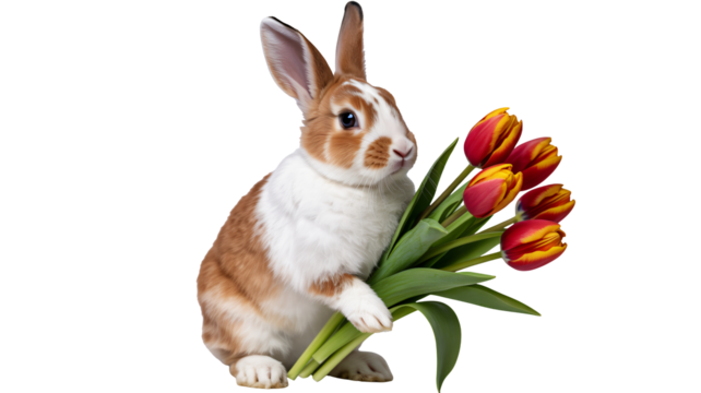 Adorable bunny holding a vibrant bouquet of red and yellow tulips, perfect for spring celebrations and Easter themes