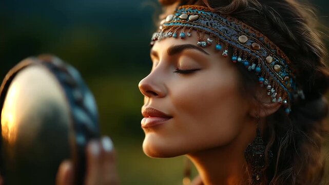 Beautiful shaman woman with tambourine performing ritual outdoors, under soft natural light highlighting rhythm and spirituality, serene cultural scene, calm outdoor lighting, with