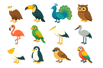 Naklejka premium Colorful Bird Icons. Bird sanctuary flat icons: eagle, toucan, peacock, owl, flamingo, parrot, stork, crane, pelican, penguin, sparrow, macaw.