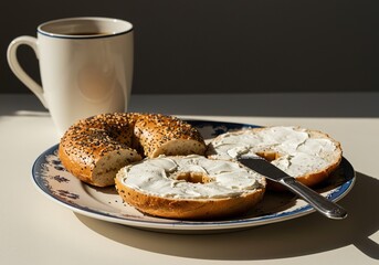 A brightly lit, colorful retro breakfast scene featuring a sliced poppy seed bagel and thick cream cheese on a vintage plate ,appetizer ,comfort food ,meal