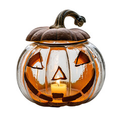 Illuminated Glass Jack O Lantern With Burning Candle Inside on Transparent Background