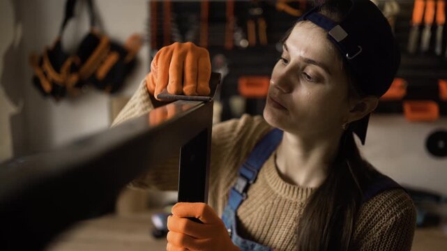 Woman sanding metal ripe process of renovation work made in workshop.