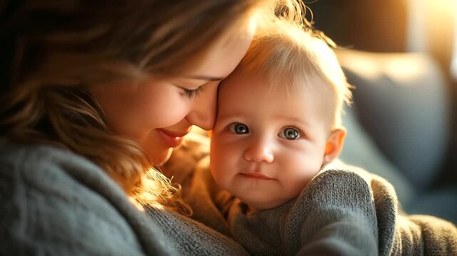 Happy mother and her cute baby resting on sofa at home, space for text, under soft natural light highlighting joy and bonding, serene family scene, calm sofa lighting, with copy sp