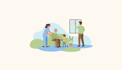 Elderly man receives home care from nurse and supportive family vector illustration