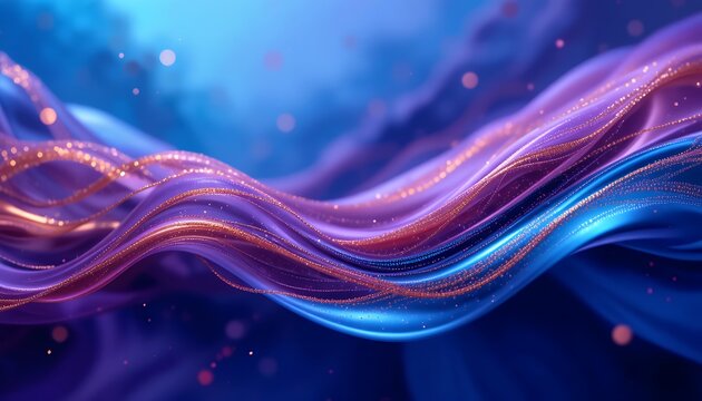 Abstract flowing waves of vibrant purple and blue light with glowing golden particles creating a