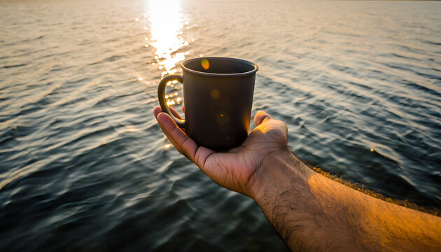 Hand holding a dark mug filled with liquid against a glistening sunlit ocean surface at sunrise or sunset with calm water and gentle ripples reflecting the warm golden light creating a serene