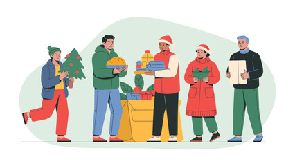 Community Christmas Cheer: A group of volunteers, filled with festive spirit, comes together, distributing gifts and necessities, embodying the joy of giving during the Christmas season.