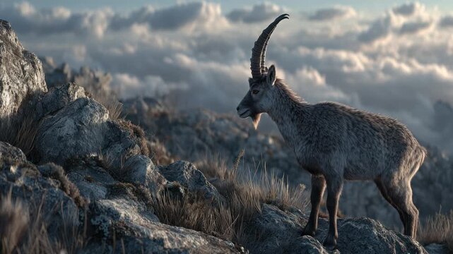 Majestic ibex on a mountain peak, bathed in soft light, with a backdrop of swirling clouds