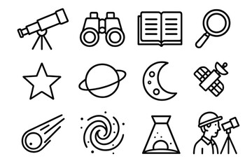 Astronomy Tools Icons. Observation linear icons: telescope, binoculars, notebook, magnifying glass, star, planet, moon, satellite, comet, galaxy, light beam, astronomer.