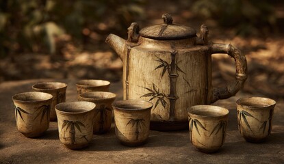 Rustic ceramic teapot and cups with bamboo motif sit on stone.