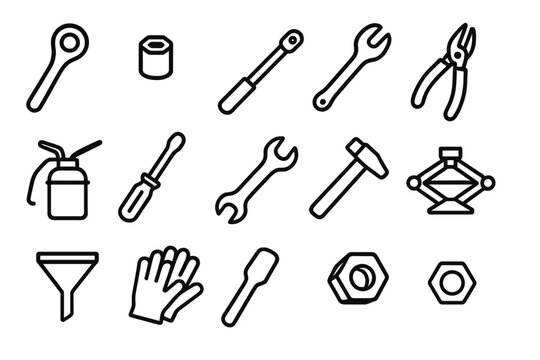 Tool Icons Collection. Automotive Mechanical Tools linear icons: ratchet, socket wrench, torque wrench, pliers, oil can, screwdriver, spanner, car jack, funnel, gloves, hammer, nut.