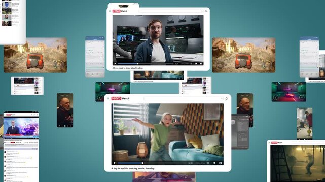 Digital Content Overload Multiple Screens With Trading, Gaming, Vlogs. Dynamic Collage of Displays Wide Range of Digital Content. Concept of Content Volume, Multitasking, and Media Consumption Habits.