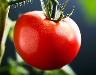 close up of a red tomato on a vine