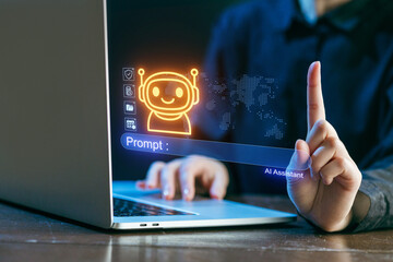 Interacting with an AI assistant on a laptop screen with a glowing robot icon