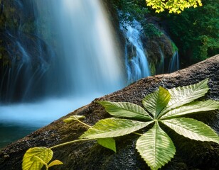 close up of leaves near a waterfall