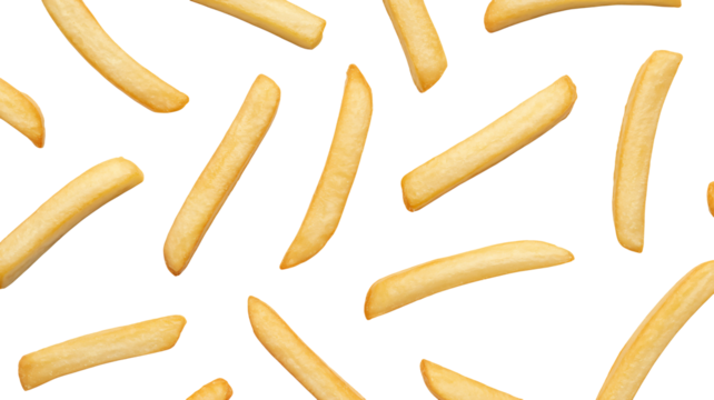 Crispy golden french fries scattered and isolated on a black background, perfect for food ads and restaurant menus