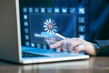 Innovative artificial intelligence system displays updates on a laptop screen in a futuristic office setting